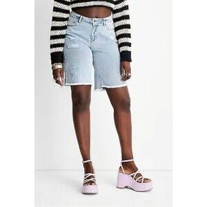 Future Collective Lightly Distressed Bermuda Denim Shorts Medium Wash 6